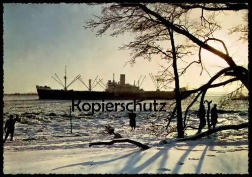 ÄLTERE POSTKARTE HAMBURG IM WINTER PARTIE AN DER ELBE FRACHTSCHIFF EISGANG EIS SCHNEE Schiff cargo ship postcard cpa AK