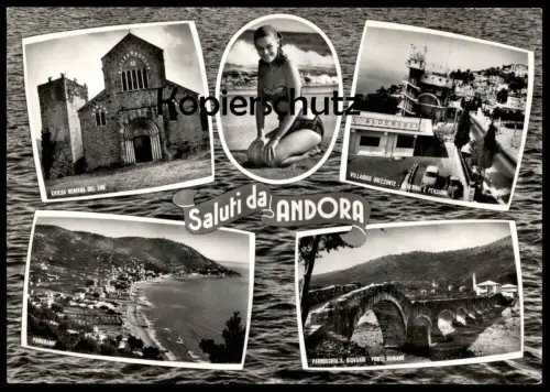 ÄLTERE POSTKARTE SALUTI DA ANDORA CHIESA ROMANA DEL 200 WILLAGGIO ORIZZONTE ALBERGHI E PENSIONI postcard cpa AK