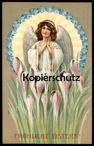 ALTE PRÄGE POSTKARTE FRÖHLICHE OSTERN ENGEL GEFALTETE HÄNDE KROKUSSE Mädchen angel ange easter paques postcard AK cpa