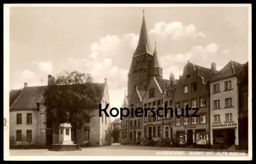ALTE POSTKARTE WARENDORF MARKT MIT ALTE KIRCHE GESCHÄFT KARL DARPE SCHUHHAUS GESSE AK Ansichtskarte cpa postcard