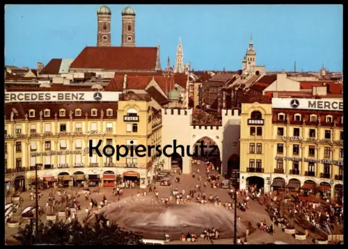 ÄLTERE POSTKARTE MÜNCHEN STACHUSBRUNNEN UND BLICK ÜBER DIE INNENSTADT STACHUS MERCEDES BENZ WAFFEN BAVARIA cpa postcard