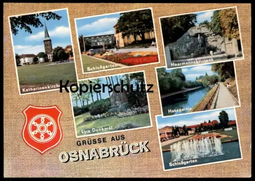 ÄLTERE POSTKARTE GRÜSSE AUS OSNABRÜCK LYRA DENKMAL KATHARINENKIRCHE SCHLOSSGARTEN HASEPARTIE Ansichtskarte cpa postcard