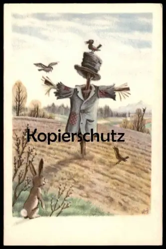 ALTE KÜNSTLER POSTKARTE VOGELSCHEUCHE HASE KRÄHE rabbit scarecrow crow épouvantail lapin corbeau postcard cpa AK