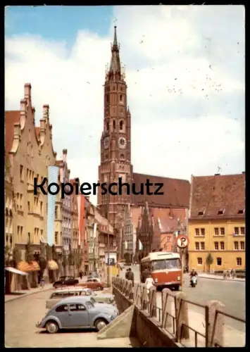 ÄLTERE POSTKARTE LANDSHUT ST. MARTINSKIRCHE BUS VW KÄFER Auto Autos cars postcard AK Ansichtskarte