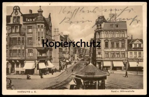 ALTE POSTKARTE HAMBURG HARBURG SAND UND MÜHLENSTRASSE J. HEITMANN FISCHE WILD ATELIER ATLANTIC KIOSK AK Ansichtskarte