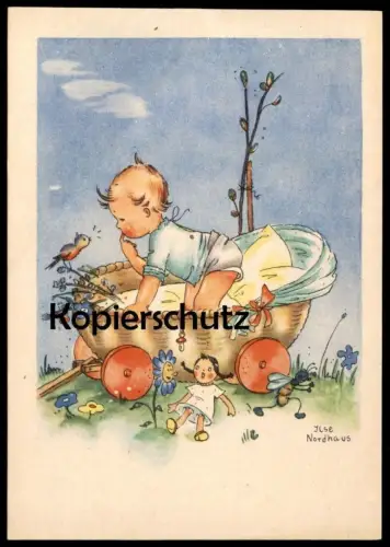 ALTE POSTKARTE KIND KINDERWAGEN VOGEL GEBURT BABY EREIGNIS BIRTH PUPPE SIGN. ILSE NORDHAUS enfants children postcard cpa