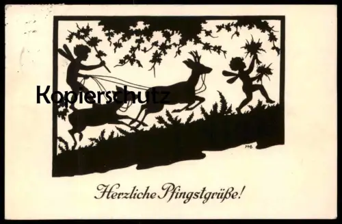 ALTE KÜNSTLER POSTKARTE HERZLICHE PFINGSTGRÜSSE! MARIE M. BEHRENS SCHERENSCHNITT ELFEN REHE ELFE REH OPPEL HESS JENA AK