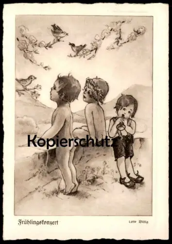 ALTE POSTKARTE FRÜHLINGSKONZERT KINDER KIND FLÖTE VOGEL LOTTE WITTIG child bird flute enfant Ansichtskarte postcard cpa
