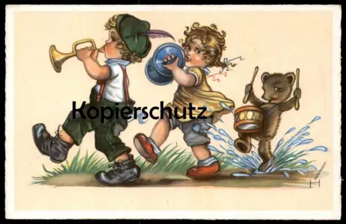 ALTE KÜNSTLER POSTKARTE KINDER & TEDDY BÄR VERMENSCHLICHT MUSIZIEREN TROMPETE TROMMEL MÄDCHEN JUNGE Ansichtskarte AK cpa