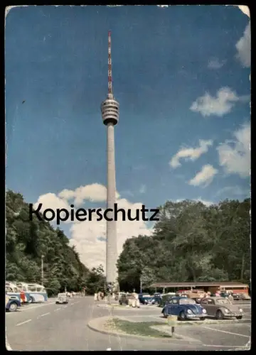 ÄLTERE POSTKARTE STUTTGART FERNSEHTURM ZWEI VW KÄFER & BUSSE BUS AK Ansichtskarte cpa postcard