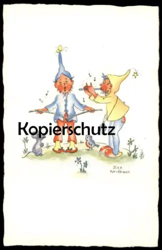 ALTE POSTKARTE ZWERG SPIELT FLÖTE WÜNSCHELRUTE ZWERGE SIGN. ILSE NORDHAUS MAUS VOGEL flute dwarf nain midget postcard AK