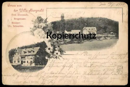 ALTE POSTKARTE GRUSS VON DER VILLA BURGWALD POST EBERSTADT BERGSTRASSE DARMSTADT 1901 AK Ansichtskarte cpa postcard