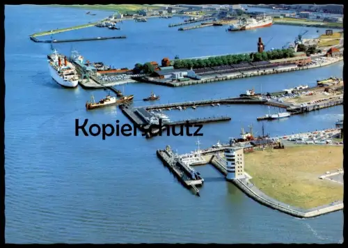 ÄLTERE POSTKARTE CUXHAVEN HAFENGEBIET VON NORDWESTEN LUFTAUFNAHME FLIEGERAUFNAHME FÄHRE FÄHRSCHIFF Schiff ship postcard