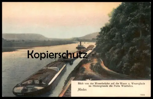 ALTE POSTKARTE MINDEN BLICK VON DER WESERBRÜCKE AUF DIE WESER UND WESERGLACIS IM HINTERGRUNDE DIE PORTA WESTFALICA ship