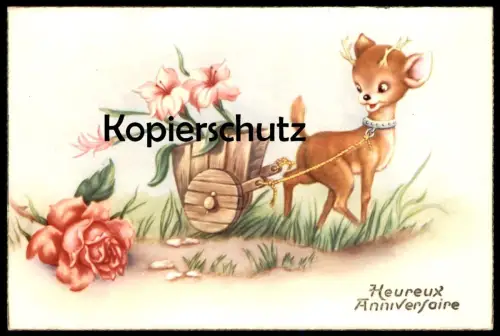 ÄLTERE POSTKARTE REHBOCK BÖCKCHEN ZIEHT KARREN MIT BLUMEN HEUREUX ANNIVERSAIRE REH HIRSCH roe deer cerf chevrenil cpa AK