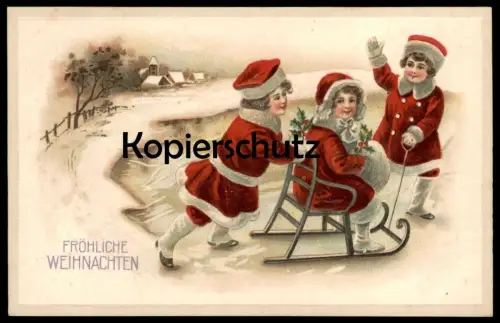 ALTE PRÄGE POSTKARTE FROHE WEIHNACHTEN MÄDCHEN ROTER MANTEL SCHLITTEN MÜTZE NIKOLAUS KOSTÜM Weihnachten christmas cpa AK