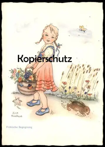 ALTE POSTKARTE MÄDCHEN FRÖHLICHE BEGEGNUNG OSTERHASE HASE KANINCHEN KIND SIGN. ILSE NORDHAUS enfant child postcard