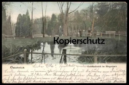 ALTE POSTKARTE OSNABRÜCK GOLDFISCHTEICH IM BÜRGERPARK 1903 Uniform Polizist Familie uniforme Ansichtskarte cpa postcard