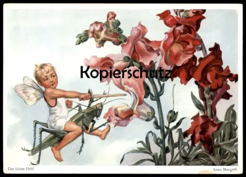 ALTE POSTKARTE DER KLEINE HELD ELFE MIT SCHWERT AUF GRASHÜPFER HEUPFERD grasshopper sauterelle Ansichtskarte postcard AK