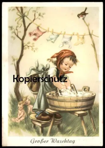 ALTE KÜNSTLER POSTKARTE GROSSER WASCHTAG KIND WÄSCHE MÄDCHEN VOGEL PUPPEN WÄSCHELEINE ROTES KOPFTUCH ZUBER