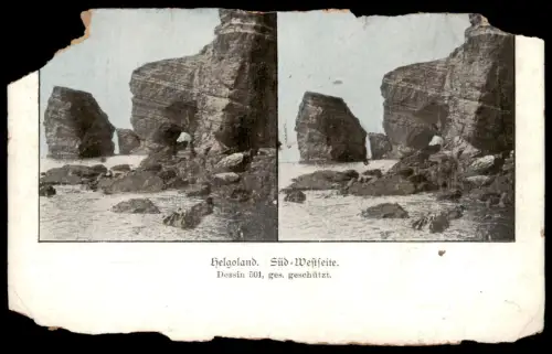 ALTE STEREOSKOPIE POSTKARTE HELGOLAND SÜD-WESTSEITE rückseitiger Aufdruck /Zum Aufkleben der Freimarke/ Ansichtskarte