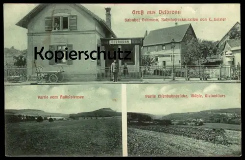 ALTE POSTKARTE GRUSS AUS OELBRONN BAHNHOF BAHNHOFSRESTAURATION C. GEISLER AALKÜSTENSEE KLEINVILLARS AALKISTENSEE AK cpa