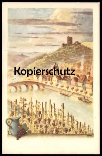 ALTE KÜNSTLER POSTKARTE BRÜCKE FLUSS BURGRUINE RHEINROMANTIK ? BURG RHEIN ? MOSEL ? Romantik Ansichtskarte postcard cpa