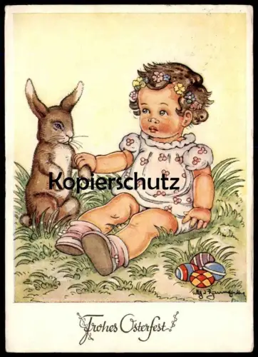 ALTE KÜNSTLER POSTKARTE FROHES OSTERFEST FROHE OSTERN BABY OSTERHASE HASE KIND EIER TILLY VON BAUMGARTEN AK postcard cpa