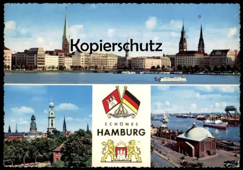 ÄLTERE POSTKARTE SCHÖNES HAMBURG PANORAMA WAPPEN FLAGGEN DEUTSCHLAND FLAGGE Ansichtskarte AK cpa postcard