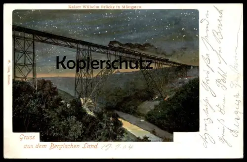 ALTE POSTKARTE BERGISCHES LAND KAISER-WILHELM-BRÜCKE BEI MÜNGSTEN BEI NACHT Dampflok locomotive steam train Solingen