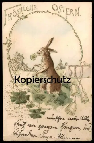 ALTE PRÄGE POSTKARTE FRÖHLICHE OSTERN OSTERHASE MIT KLEEBLATT IM GEÄSE HASENBART easter paques postcard Ansichtskarte