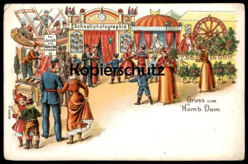 ALTE LITHO POSTKARTE GRUSS VOM HAMBURGER DOM DER JACOB AUS AMERIKA IST WIEDER DA JAKOB HAMBURG postcard carousel cpa AK