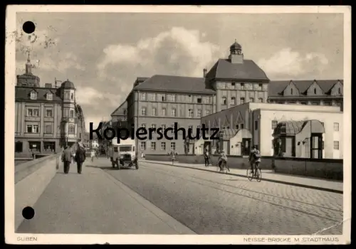 ALTE POSTKARTE GUBEN NEISSE-BRÜCKE MIT STADTHAUS STÄDTISCHE BANK IN GUBEN LKW truck Ansichtskarte cpa postcard AK