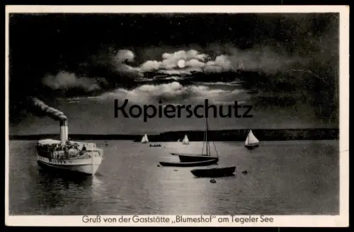 ALTE POSTKARTE BERLIN TEGEL GRUSS VON DER GASTSTÄTTE BLUMESHOF AM TEGELER SEE DAMPFER MONDSCHEIN Ansichtskarte postcard