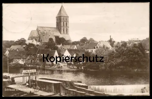 ALTE POSTKARTE RHEINE IN WESTFALEN SCHLEUSE UND PFARRKIRCHE 1927 EMS Ansichtskarte AK cpa postcard
