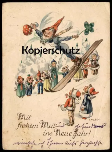 ALTE POSTKARTE ZWERG MIT FLIEGENPILZ SPRINGT SKI SKISPRINGEN ZWERGE ENGEL 1944 Pilz dwarf midget luge sleigh fly agaric
