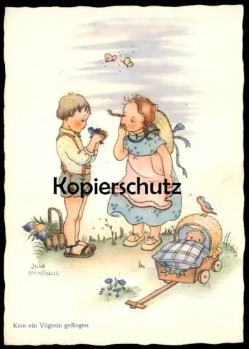 ALTE POSTKARTE MÄDCHEN JUNGE KAM EIN VÖGLEIN GEFLOGEN VOGEL KINDER KIND PUPPE SIGN. ILSE NORDHAUS enfant child postcard