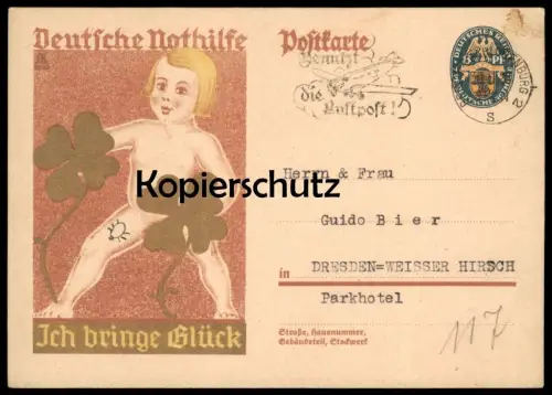 ÄLTERE POSTKARTE DEUTSCHE NOTHILFE GANZSACHE 1928 ICH BRINGE GLÜCK KLEEBLATT KIND shamrock Ansichtskarte AK postcard cpa