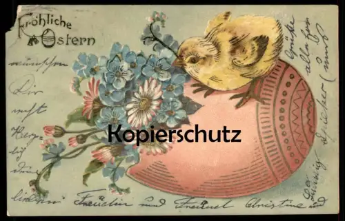 ALTE PRÄGE POSTKARTE FRÖHLICHE OSTERN KÜKEN EI easter paques chick poussin embossed gaufree Spieker Auswanderer postcard