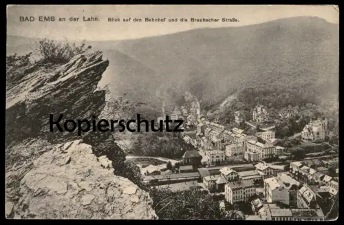 ALTE POSTKARTE BAD EMS BLICK AUF DEN BAHNHOF UND DIE BRAUBACHER STRASSE PANORAMA station gare Ansichtskarte cpa postcard