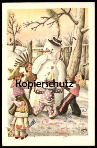 ALTE KÜNSTLER POSTKARTE KINDER SCHNEEMANN COWBOY & INDIANER HARLEKIN CLOWN SPIEL snowman indian postcard cpa AK