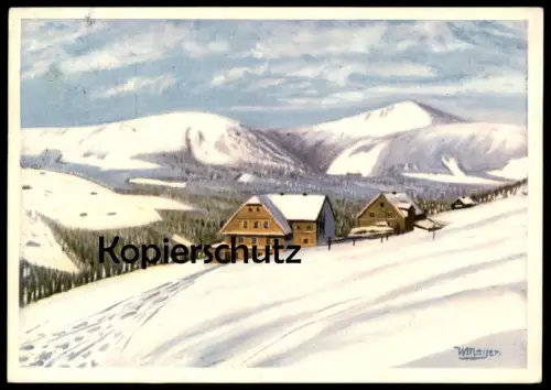 ALTE KÜNSTLER POSTKARTE STUFENSEITE MIT BLICK AUF DIE SCHNEEKOPPE RIESENGEBIRGE WILLI MAYER TRAUTENAU Schlesien