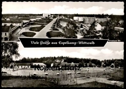ÄLTERE POSTKARTE VIELE GRÜSSE AUS ESPELKAMP MITTWALD BRESLAUER STRASSE WALDBAD Bad Schwimmbad Ansichtskarte cpa postcard