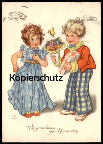 ALTE KÜNSTLER POSTKARTE WIR GRATULIEREN ZUM NAMENSTAG GESCHENK PÄCKCHEN KINDER MÄDCHEN BLUMEN Ansichtskarte AK postcard