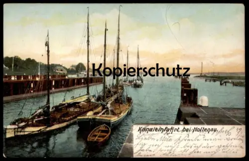 ALTE POSTKARTE KIEL HOLTENAU KANALEINFAHRT 1914 KANAL FRACHTSCHIFF Schiff cargo ship canal Ansichtskarte AK postcard cpa