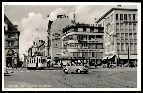 ALTE POSTKARTE KREFELD OSTWALL AM BAHNHOF VW KÄFER STRASSENBAHN 4711 DREIRING SEIFEN LOHMANN SCHOKOLADE AK cpa postcard