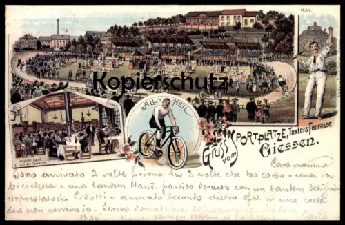 ÄLTERE REPRO REPRODUKTION POSTKARTE GRUSS VOM SPORTPLATZ GIESSEN RAD ALL HEIL TEXTORS TERRASSE LAWN TENNIS AK postcard