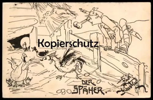 ALTE KÜNSTLER POSTKARTE DER SPÄHER FRONT WELTKRIEG SOLDAT RUDOLF KRISTEN Militär Hühner Hahn Eier Humor Ansichtskarte AK