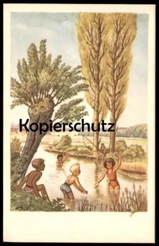 ALTE KÜNSTLER POSTKARTE KINDER BADEN IM FLUSS BACH ANGLER SPIEL WEIDE PAPPEL UFER Ansichtskarte postcard cpa AK
