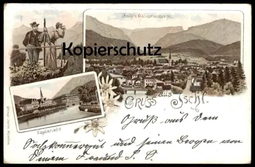 ALTE LITHO POSTKARTE GRUSS AUS ISCHL VOM CALVARIENBERGE ESPLANADE TRACHT OBERÖSTERREICH Bad Ischl Österreich AK postcard